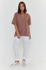 Women Oversized V-Neck T-Shirt | Coffee Brown Cotton Relaxed Fit Tee - Image 5