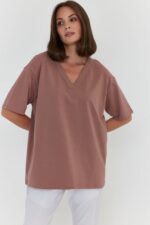 Women Oversized V-Neck T-Shirt | Coffee Brown Cotton Relaxed Fit Tee