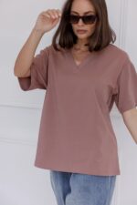 Women Oversized V-Neck T-Shirt | Coffee Brown Cotton Relaxed Fit Tee - Image 4