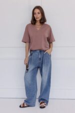Women Oversized V-Neck T-Shirt | Coffee Brown Cotton Relaxed Fit Tee - Image 3
