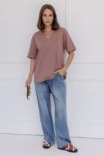 Women Oversized V-Neck T-Shirt | Coffee Brown Cotton Relaxed Fit Tee - Image 2