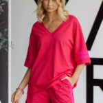 SMOK T-Shirt Strawberry | Women Oversized V-Neck T-Shirt | Premium Cotton Pink Relaxed Fit Tee