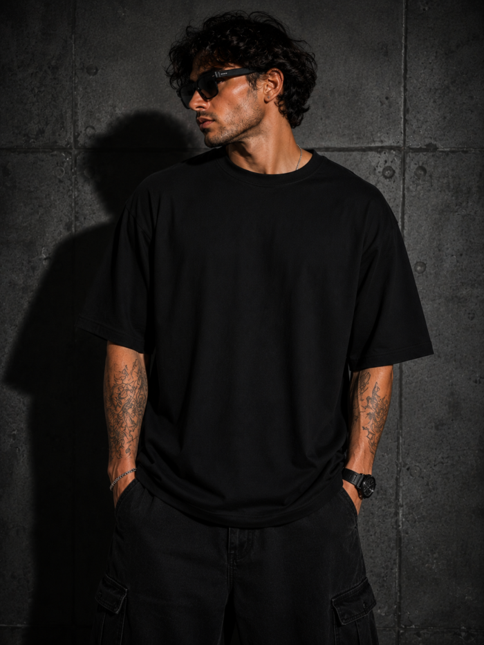 Men's Black Oversized T-Shirt Premium Cotton Loose Fit Half Sleeve T-Shirt Graphic Printed Back Design Drop Shoulder Streetwear T-Shirt