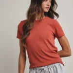 Women's Terracotta Brick Red Ribbed Slim Fit T-Shirt | Fashion Continental