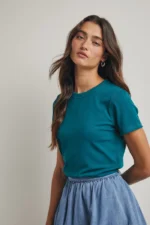 Women's Deep Garden Teal Blue Ribbed Essential Tee | Fashion Continental - Image 3