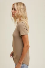 Women's Light Taupe Beige Ribbed Crew Neck Essential Tee | Fashion Continental - Image 3