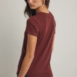 Women's Deep Maroon Wine Red Ribbed Crew Neck Tee | Fashion Continental