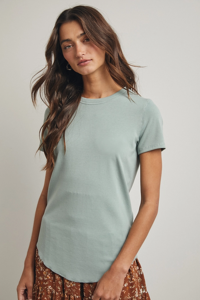 fc_tShirt_peach green (1) Women's Seafoam Mint Green Ribbed Crew Neck Essential Tee | Fashion Continental - Image 1