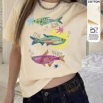 Colorful Fish Trio Oversized Tee - Whimsical Ocean Art Aesthetic T-Shirt Women