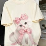 Fluffy White Kitten Double Bow Oversized Tee - Realistic Painted Cat Art T-Shirt | Fashion Continental