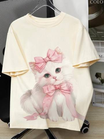 Fluffy White Kitten Double Bow Oversized Tee - Realistic Painted Cat Art T-Shirt | Fashion Continental